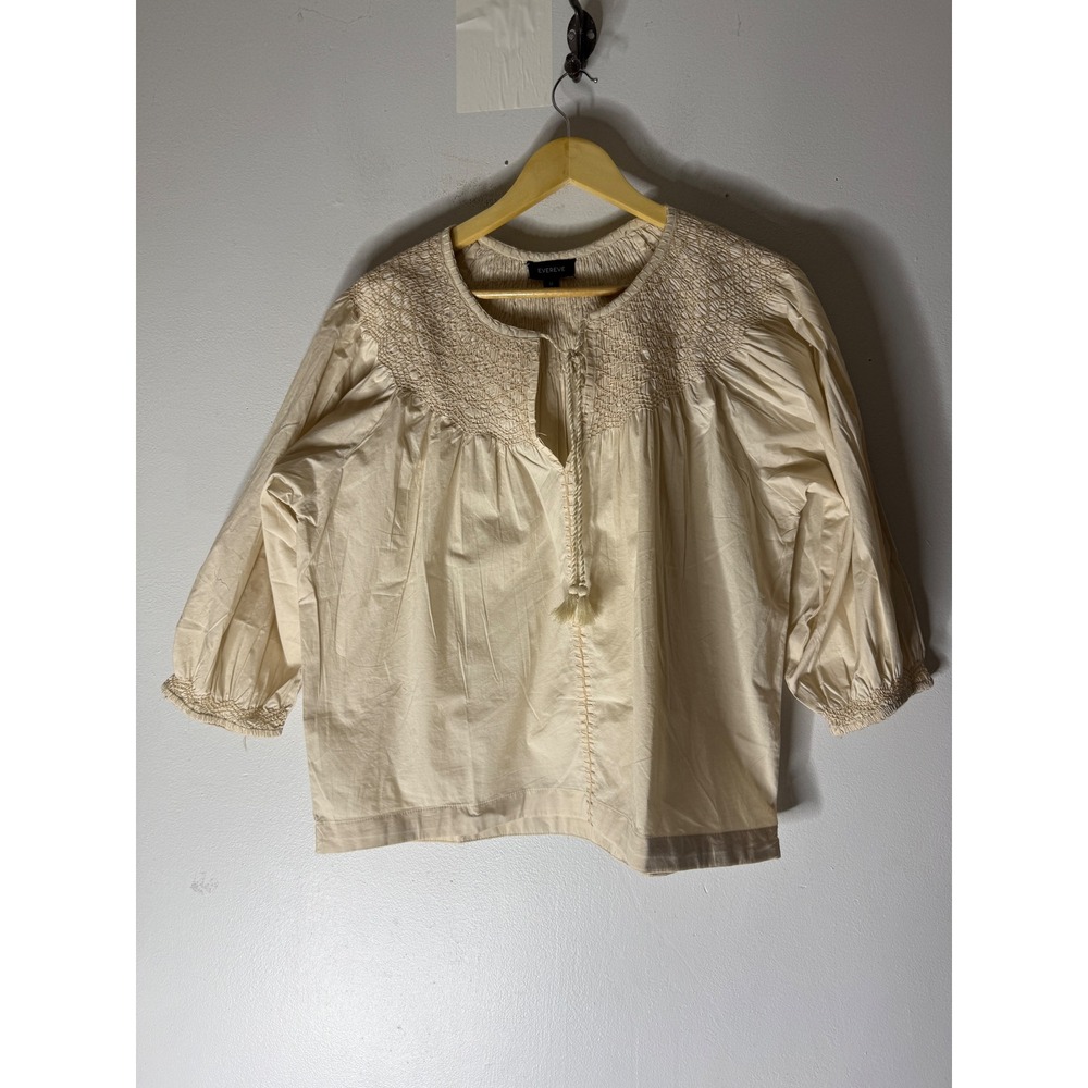 Evereve Beige  Bell Sleeve Smocked Neck V-Neck Blouse Top Blouse‎ Size Medium